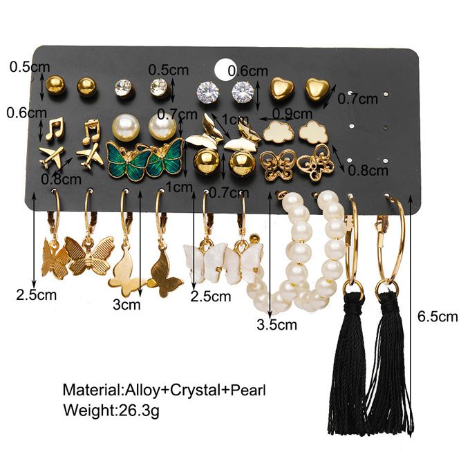 17 Pair/Set Gold Studs Butterfly & Pearl Pendant Earrings
