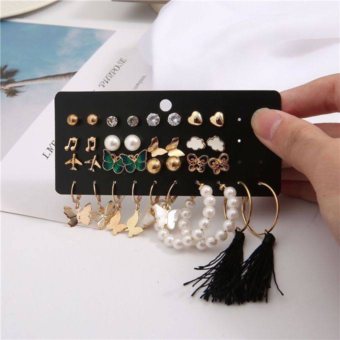 17 Pair/Set Gold Studs Butterfly & Pearl Pendant Earrings