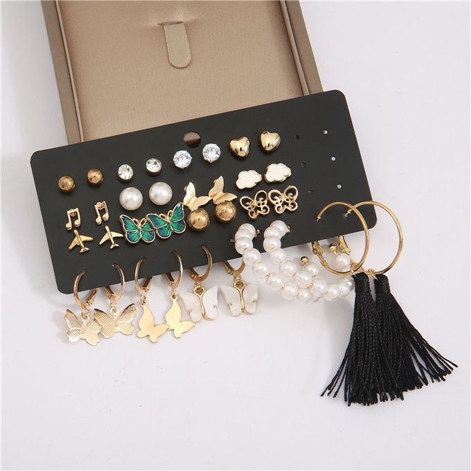 17 Pair/Set Gold Studs Butterfly & Pearl Pendant Earrings