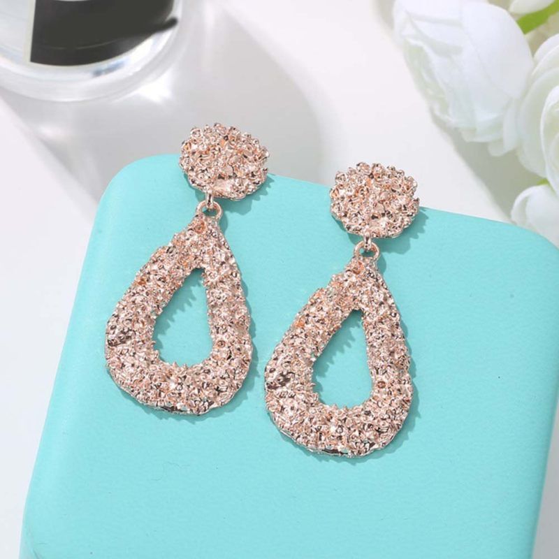 Bohemia Women Geometric Emboss Hollow Teardrop-Rose Gold