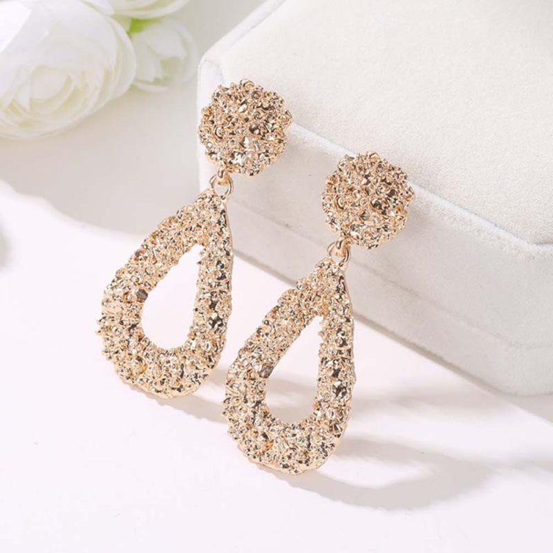 Bohemia Women Geometric Emboss Hollow Teardrop-Rose Gold