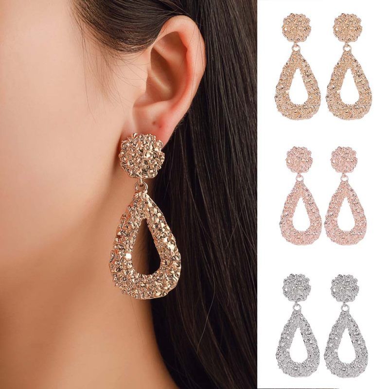 Bohemia Women Geometric Emboss Hollow Teardrop-Rose Gold