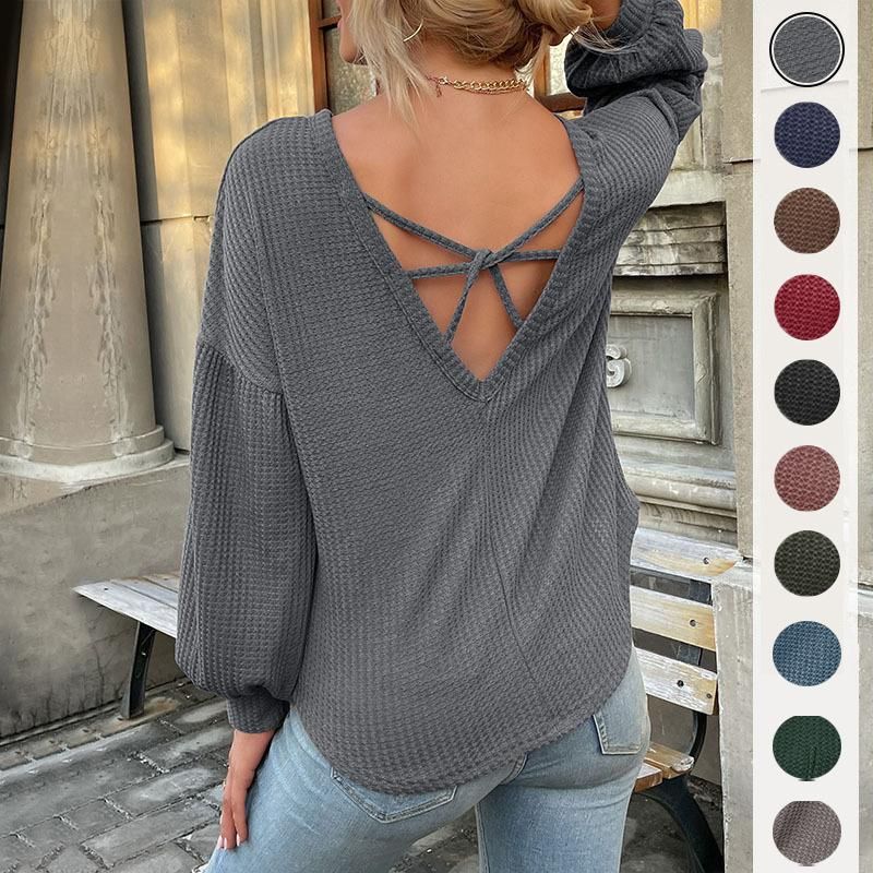 New casual top long-sleeved grey backless hollowed out sweater