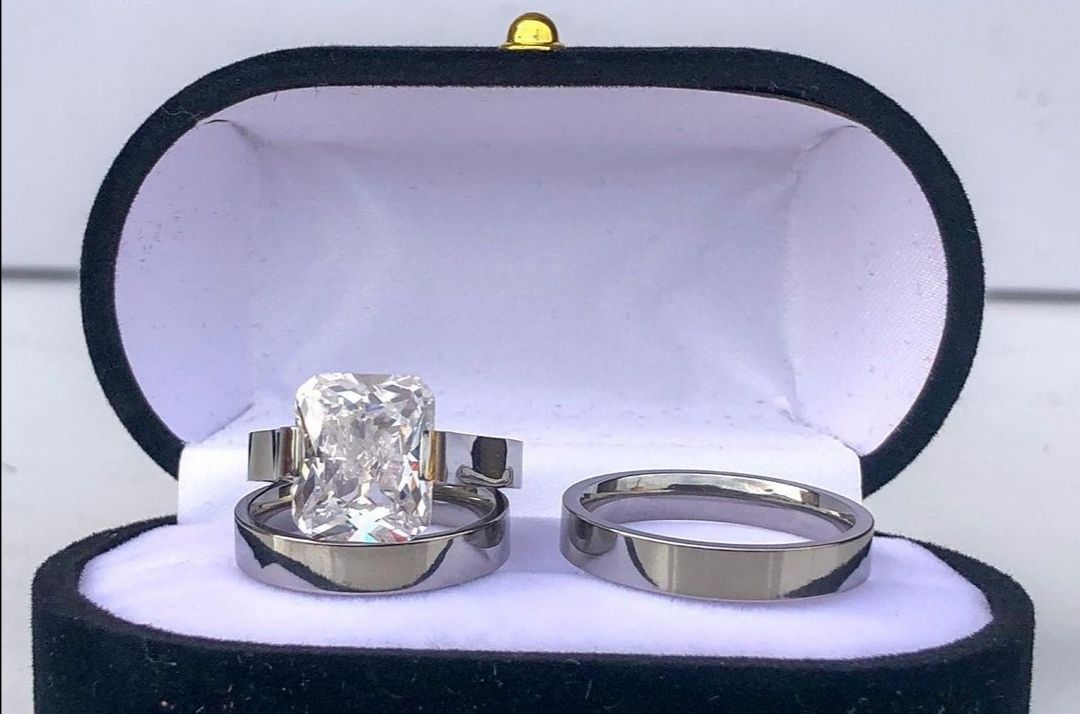 Candid White Bold Steel Wedding Ring Set