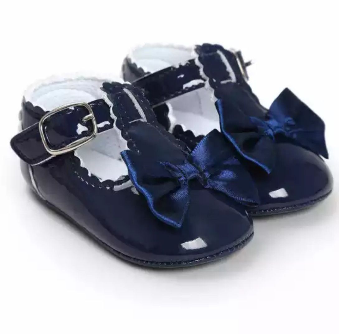 Newborn Baby Girls Party T-Bar Bowknot Shoes - Navy