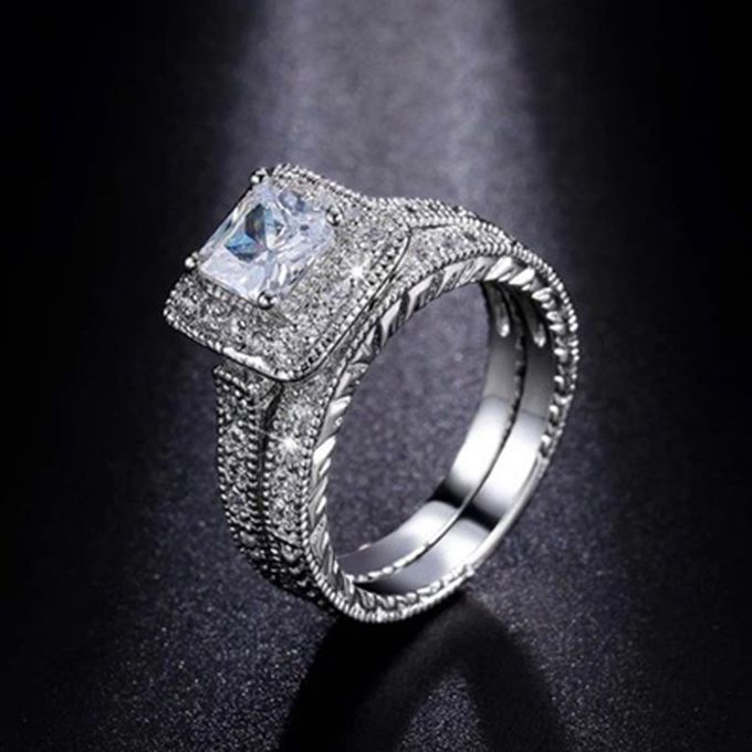 Silver Steel Engagement And Wedding Ring + Ring Box