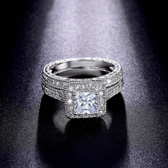 Silver Steel Engagement And Wedding Ring + Ring Box
