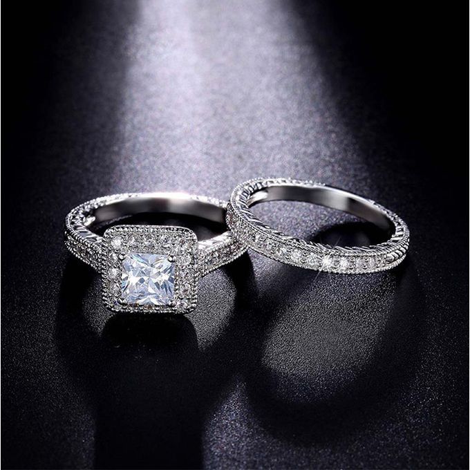 Silver Steel Engagement And Wedding Ring + Ring Box