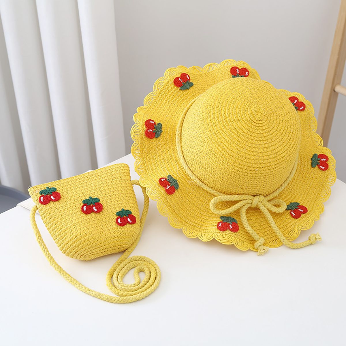 Hat Bag Set Baby Girls Breathable Straw Hat Handbag Yellow