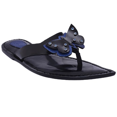 Butterfly Thong Style Leather Flat Slippers - Blue
