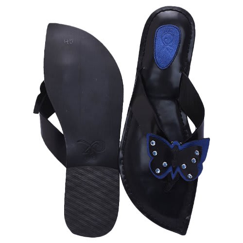 Butterfly Thong Style Leather Flat Slippers - Blue