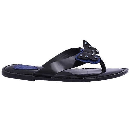 Butterfly Thong Style Leather Flat Slippers - Blue