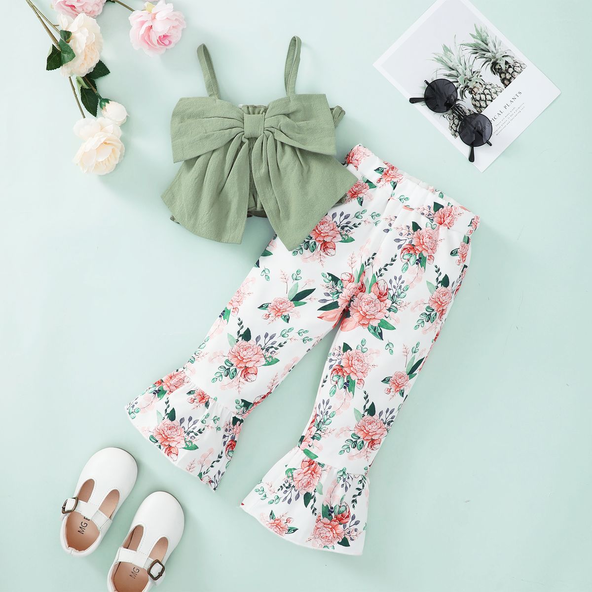 1-4 Years Kid Girl 2PCS Set Bow Slip Top+Floral Bell-bottoms