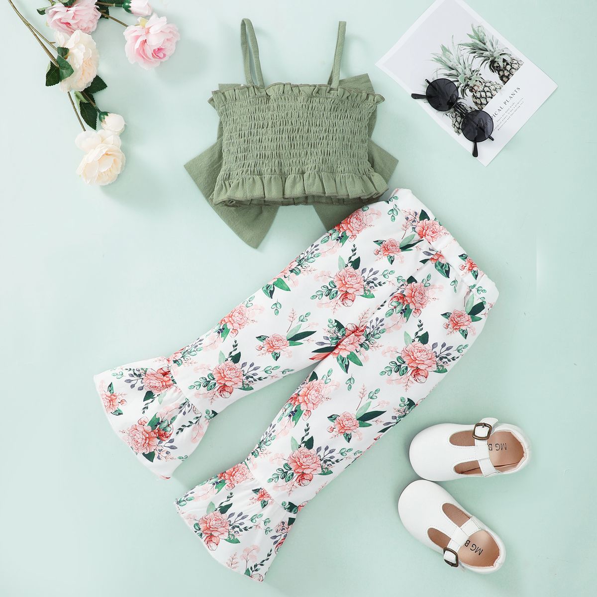 1-4 Years Kid Girl 2PCS Set Bow Slip Top+Floral Bell-bottoms