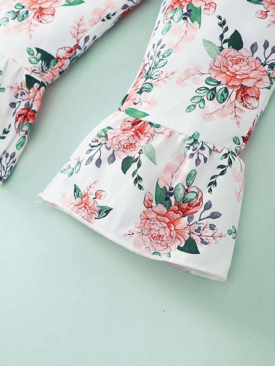 1-4 Years Kid Girl 2PCS Set Bow Slip Top+Floral Bell-bottoms