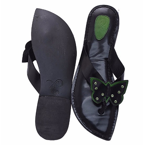 Butterfly Thong Style Leather Flat Slippers - Green