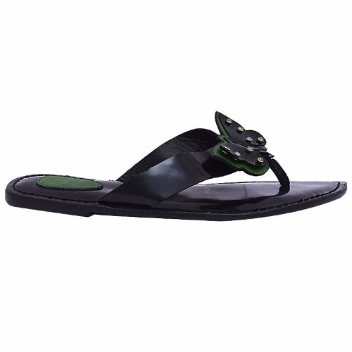 Butterfly Thong Style Leather Flat Slippers - Green
