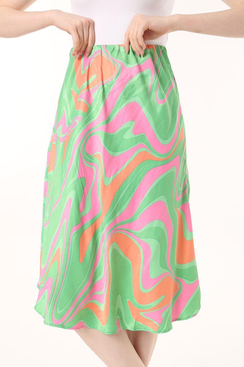 Women Green Frill Edged Abstract Printed Midi Sateen Skirt