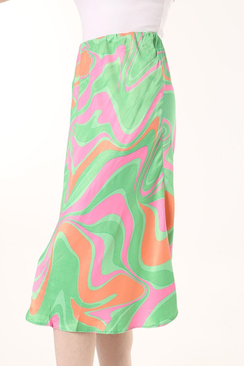 Women Green Frill Edged Abstract Printed Midi Sateen Skirt