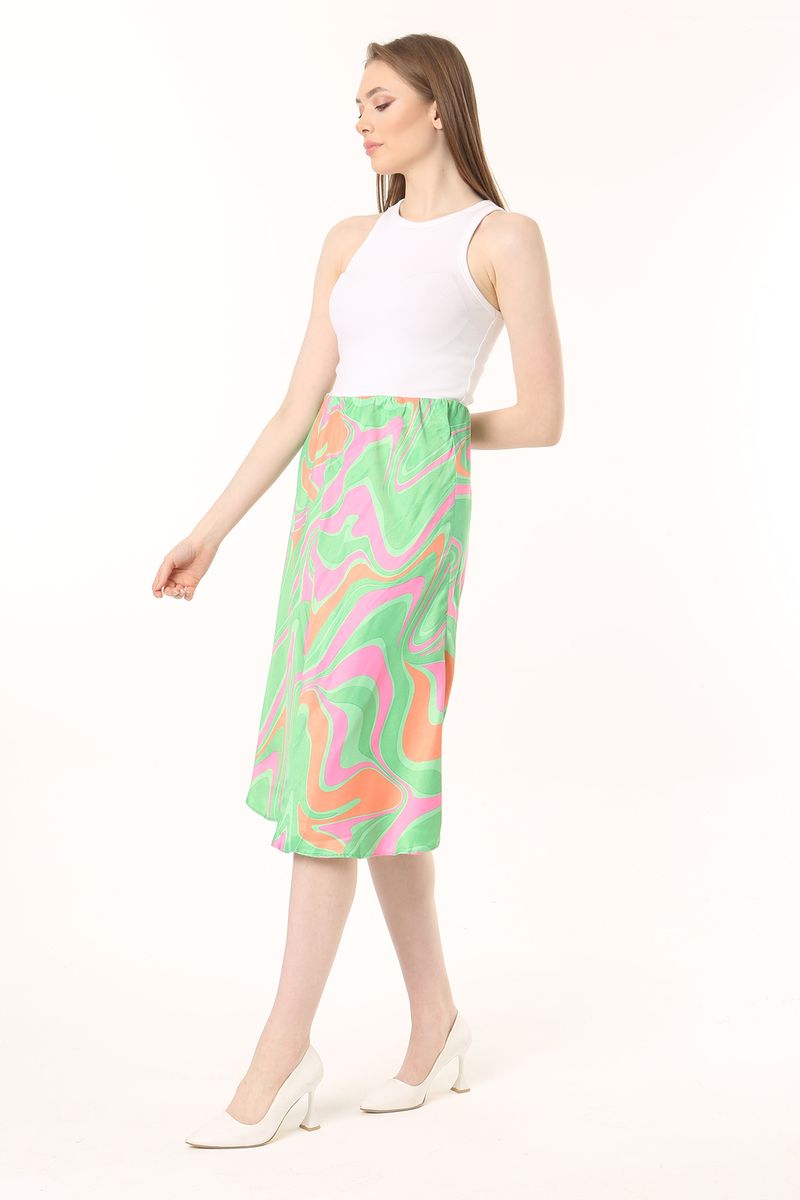 Women Green Frill Edged Abstract Printed Midi Sateen Skirt