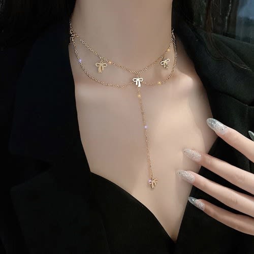 Fashion Bow Drop Pendant Necklace- Gold
