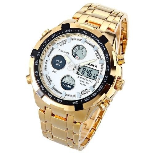 Men's LED Chain Wrist Watch - Gold - White Face + Free Case