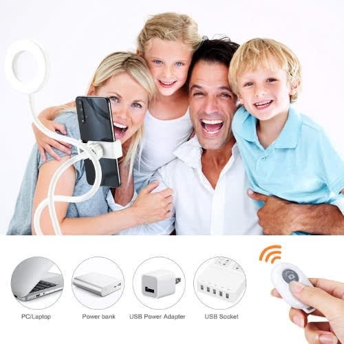 3 Light Mode Selfie Ring Light Cell Phone Holder +  Bluetooth Remote Control - White