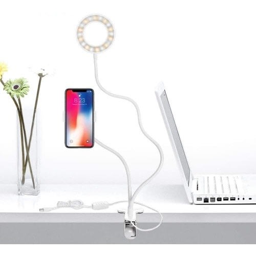 3 Light Mode Selfie Ring Light Cell Phone Holder +  Bluetooth Remote Control - White