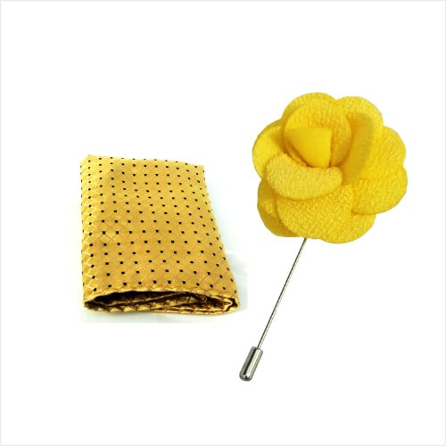 Gold pocket square with black dots + Yelow flower lapel pin