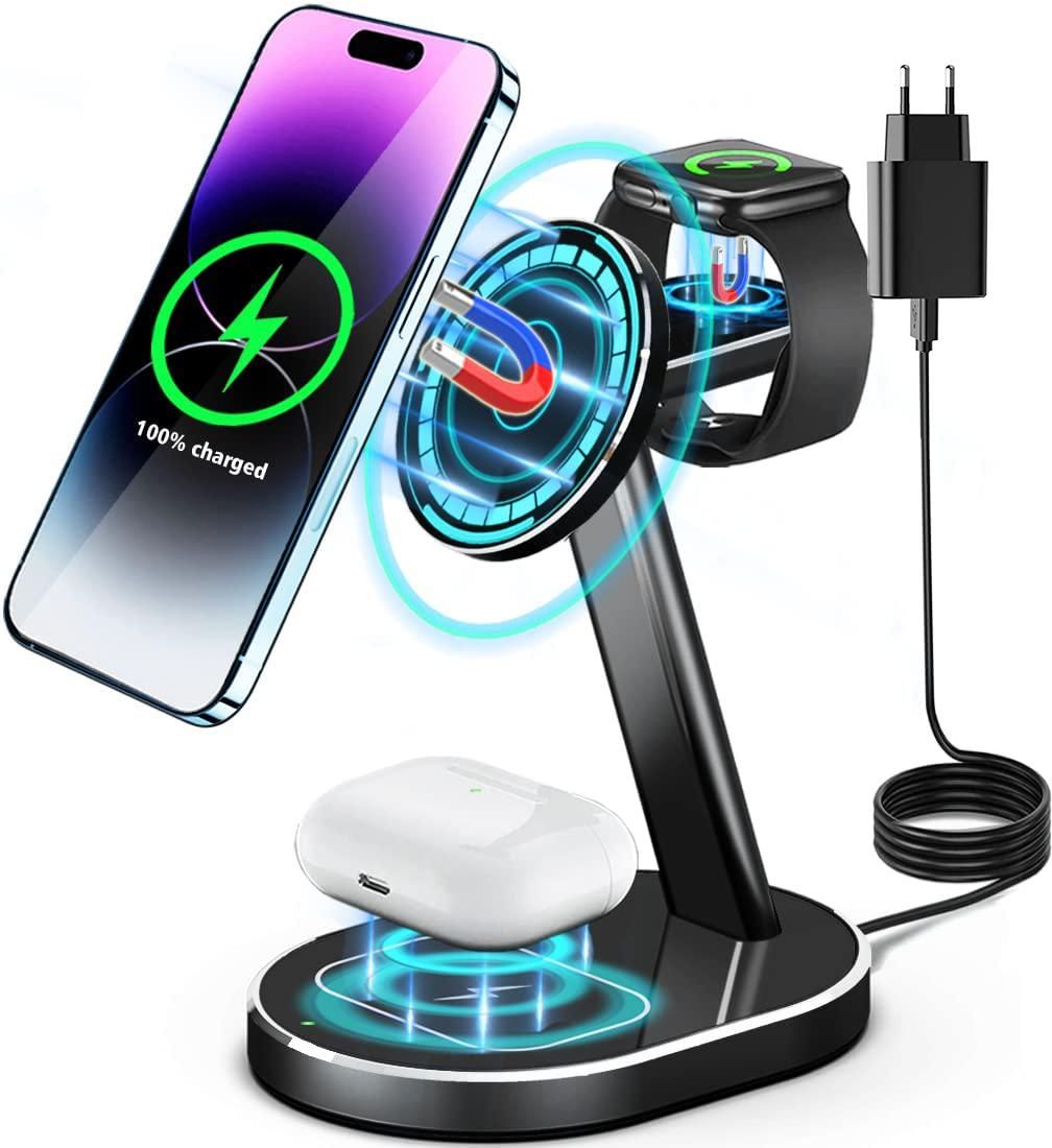 Aluminum Alloy 3 In 1 Magnetic Wireless Charger, 15W Wireless Charging Station, MagSafe Charger Stand Compatible With IPhone 14 13 12 Pro/Pro Max/Mini, Apple Watch 8/Ultra/7/6/5/4/3/2/SE, AirPods