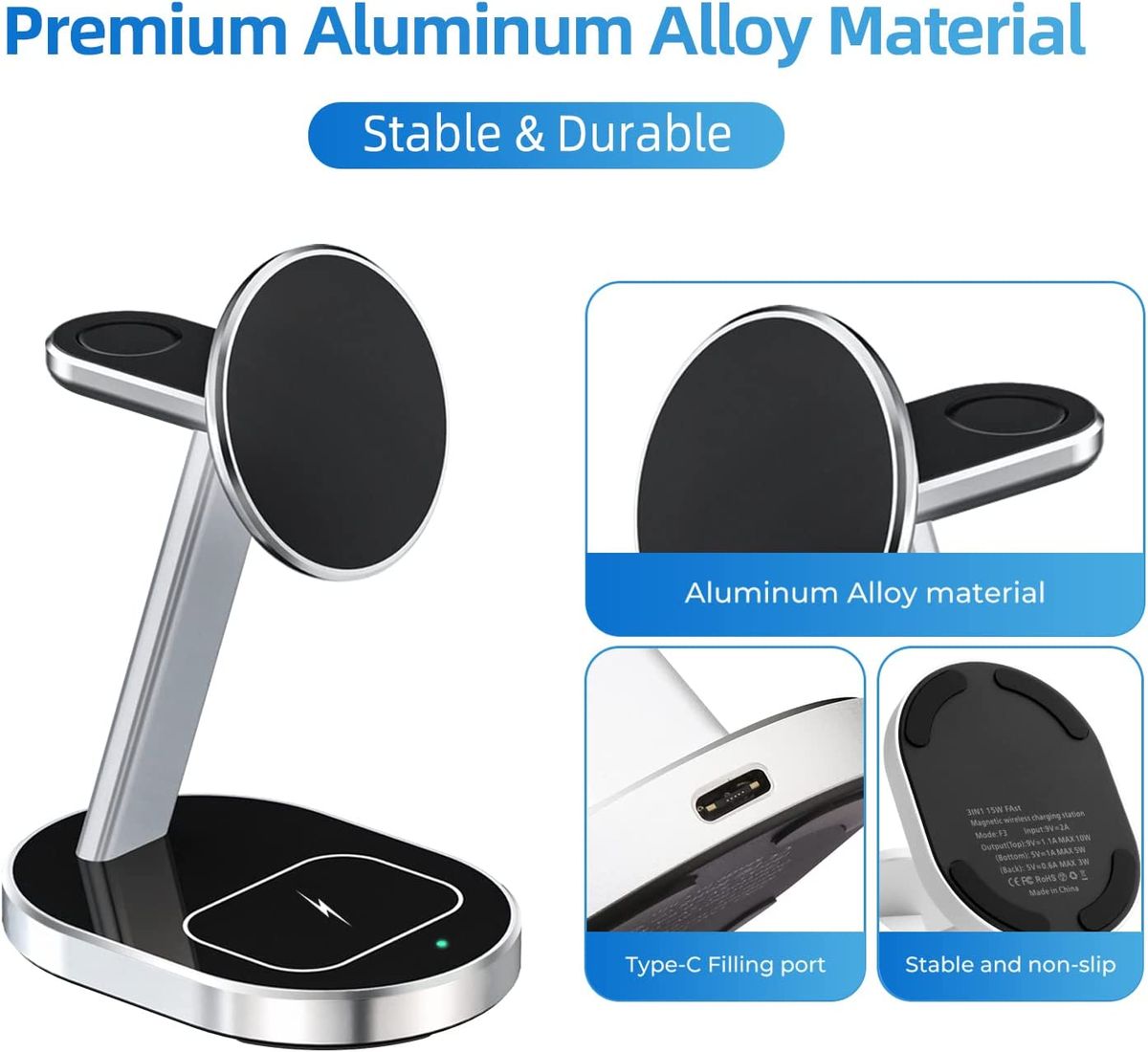 Aluminum Alloy 3 In 1 Magnetic Wireless Charger, 15W Wireless Charging Station, MagSafe Charger Stand Compatible With IPhone 14 13 12 Pro/Pro Max/Mini, Apple Watch 8/Ultra/7/6/5/4/3/2/SE, AirPods