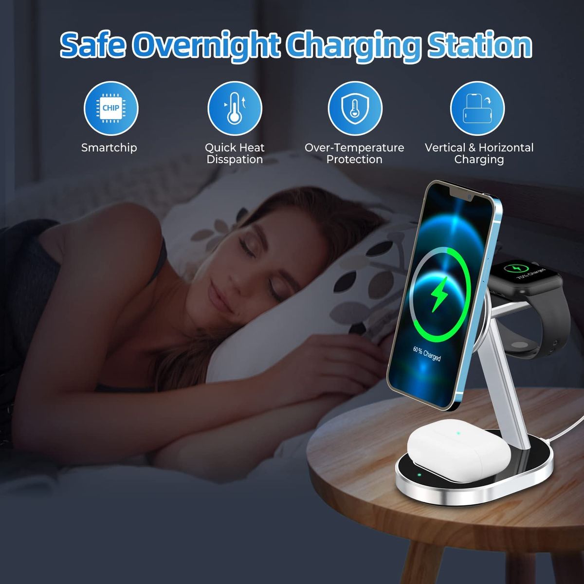 Aluminum Alloy 3 In 1 Magnetic Wireless Charger, 15W Wireless Charging Station, MagSafe Charger Stand Compatible With IPhone 14 13 12 Pro/Pro Max/Mini, Apple Watch 8/Ultra/7/6/5/4/3/2/SE, AirPods