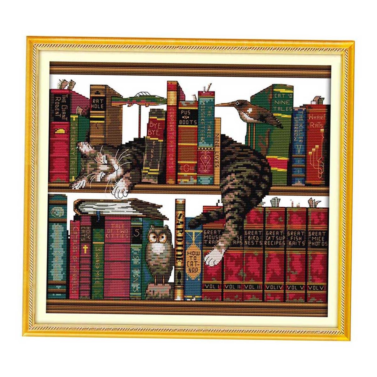 DIY Handmade Needlework Counted Cross Stitch Set Embroidery Kit 14CT Cat on Bookshelf Pattern Cross-Stitching 41 * 38cm Home Decoration