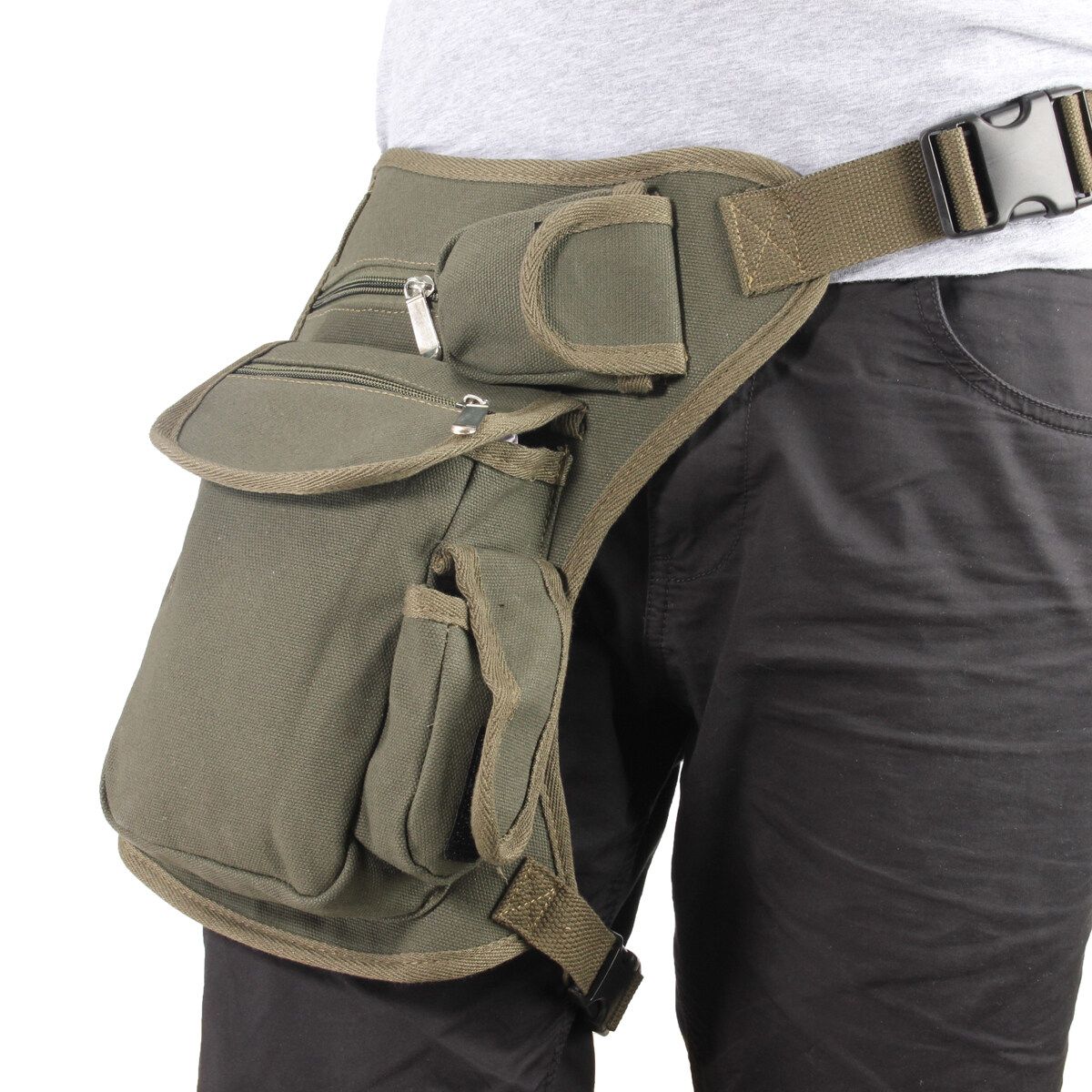 Outdoor Canvas Drop Leg Bag Thigh Fanny Pack Waist Belt Pouch High Quality Material, Health Green, Army Green