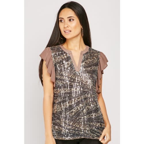 Sequin Embellished Ruffle Trim Top