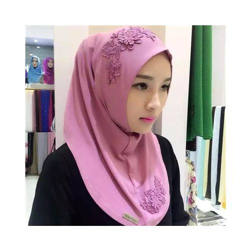 Fblusclurs Muslim Hijab Elastic Fabric Embroidery Malaysia Instant Convenient Muslima Shawl Head Wear Scarf Turban Headband(#Pink) SHA