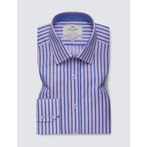 Men's Formal Pink & Blue Multi Stripe Slim Fit Shirt With Contrast Detail - Single Cuff - Easy Iron