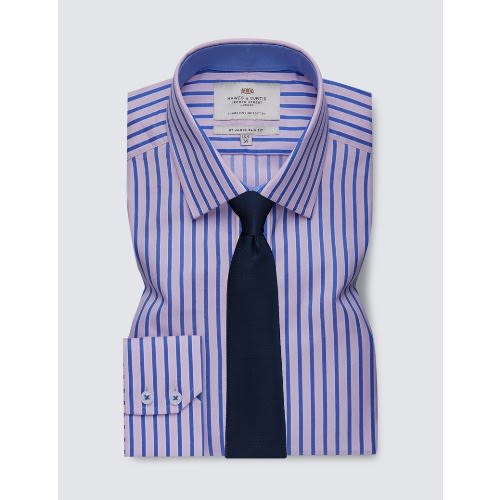 Men's Formal Pink & Blue Multi Stripe Slim Fit Shirt With Contrast Detail - Single Cuff - Easy Iron