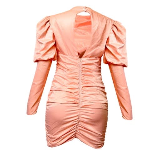 Premium Puff Sleeve Ruched Fitted Dress - Peach