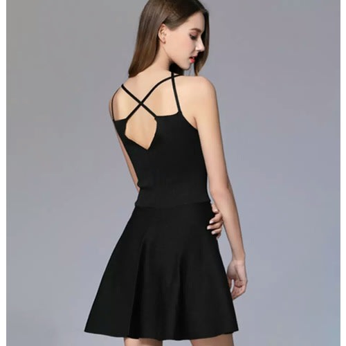 Knitted Stretch Backless Mini Spaghetti Flare Dress - Black