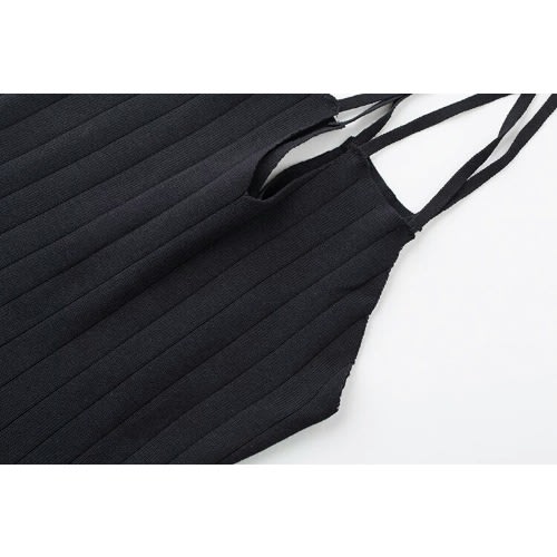Knitted Stretch Backless Mini Spaghetti Flare Dress - Black