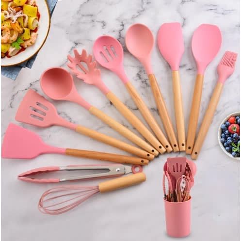 Wooden Handle Silicone Non Stick Spoon - Set Of 12
