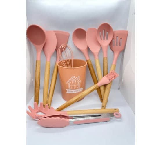 Wooden Handle Silicone Non Stick Spoon - Set Of 12