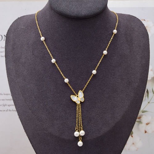 Fashion Bead And  Butterfly Pendant Necklace- Gold