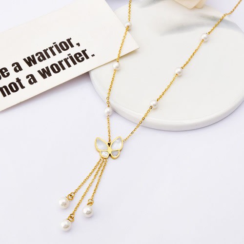 Fashion Bead And  Butterfly Pendant Necklace- Gold