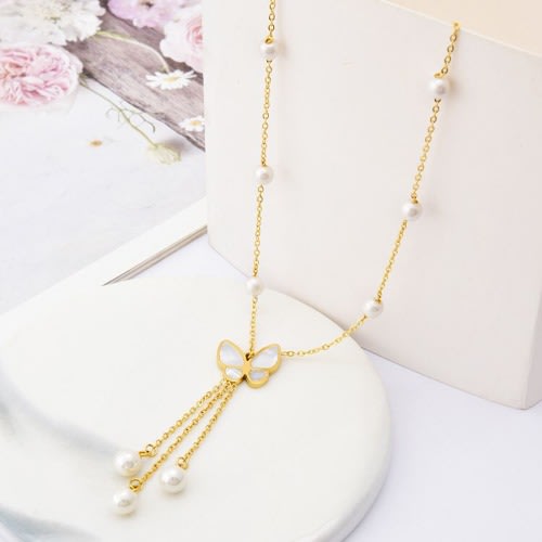 Fashion Bead And  Butterfly Pendant Necklace- Gold