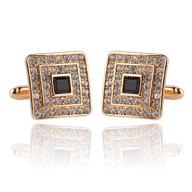Square Cufflinks With Black And Crystal Rhinestones - Gold