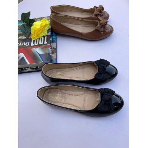 New Stylish Bow Tie Ladies Flat Leather Shoe -Black