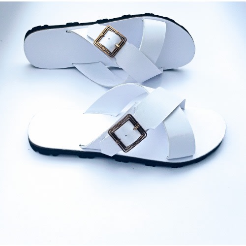 Men's White Cross Buckled Slippers