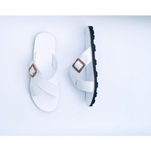 Men's White Cross Buckled Slippers